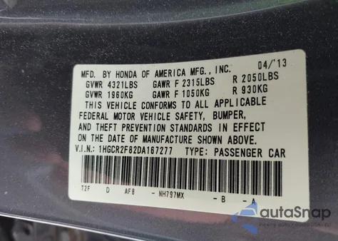 2013 Honda Accord Ex-L from USA, damaged, VIN 1HGCR2F82DA167277